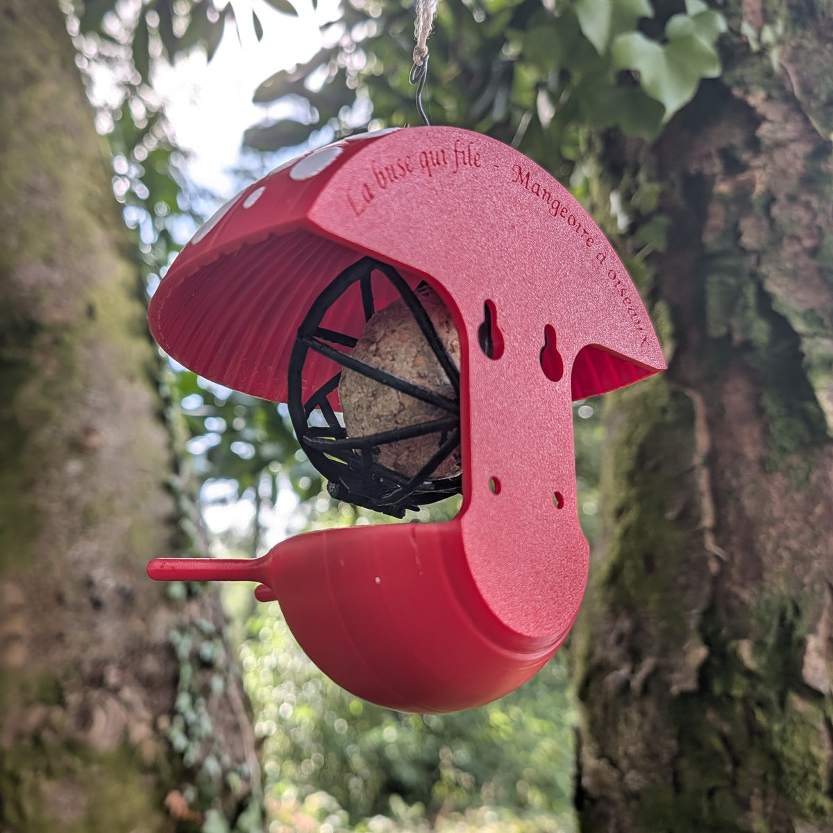 Mangeoire à oiseaux à suspendre pour boule de graisse "Le Champignon" bicolore