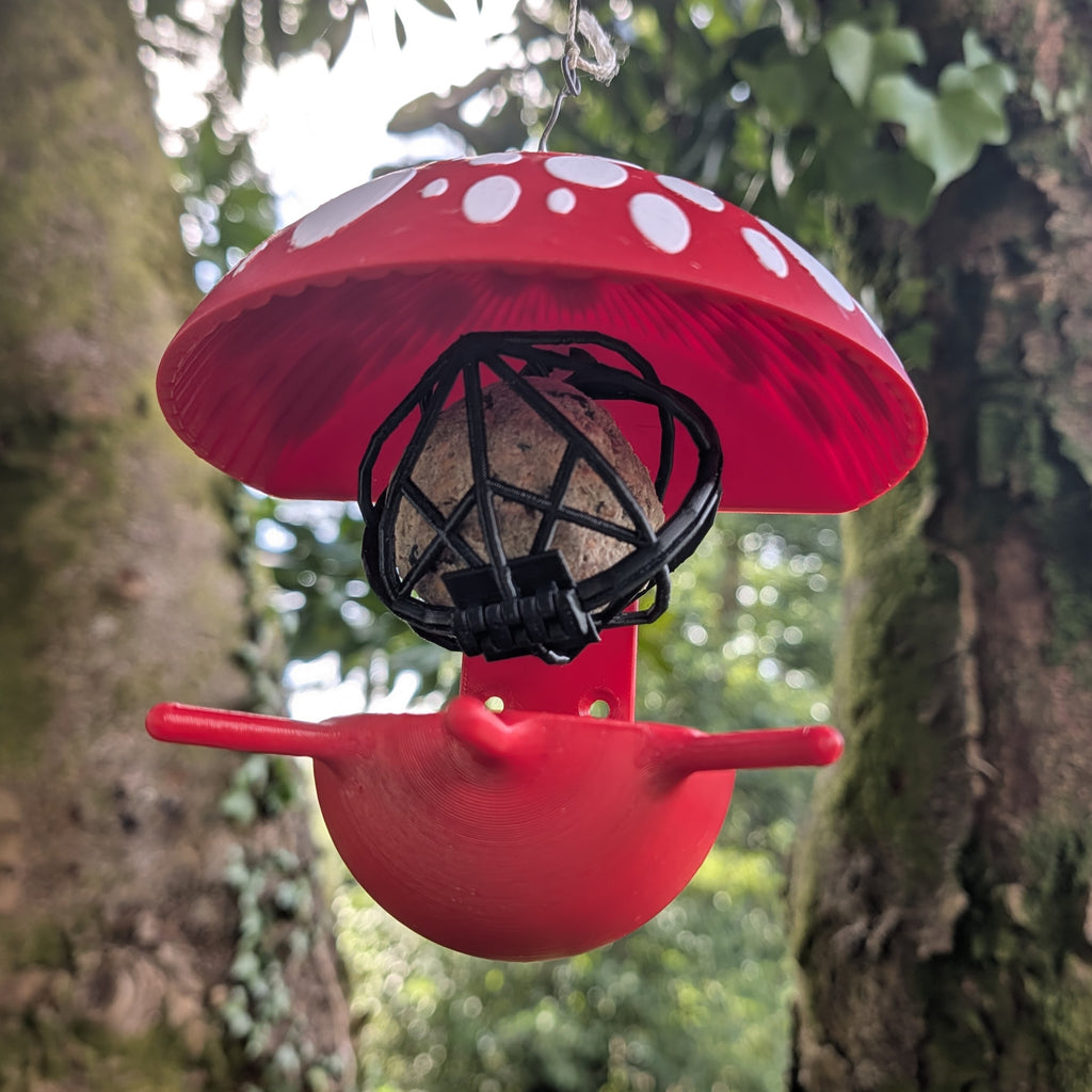 Mangeoire à oiseaux à suspendre pour boule de graisse "Le Champignon" bicolore
