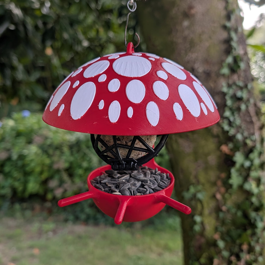 Mangeoire à oiseaux à suspendre pour boule de graisse "Le Champignon" bicolore